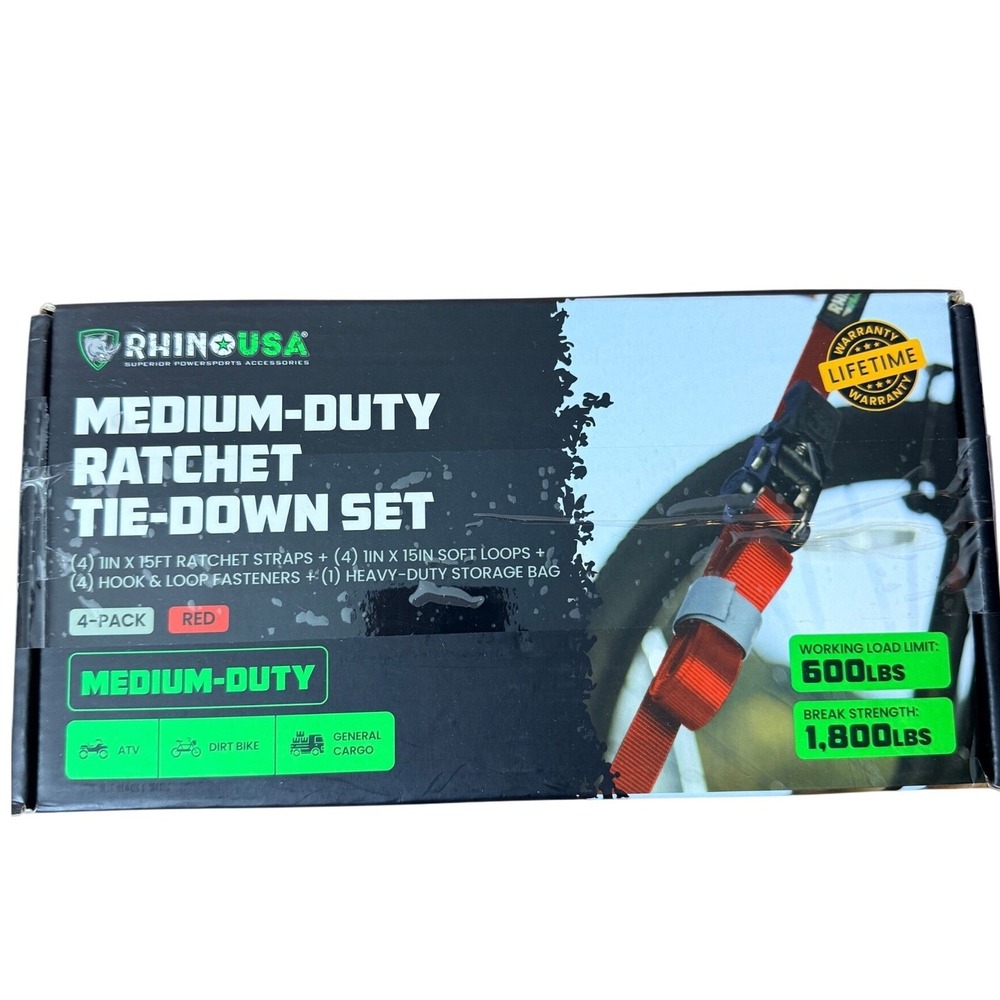 Rhino USA Medium-Duty Ratchet Tie-Down Set 4-Pack Red 1in x‎ 15ft RCHT-4PACK-RED